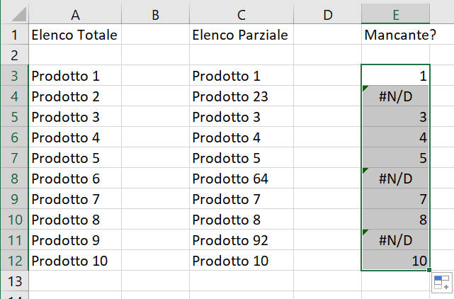 Confrontare due elenchi in Excel