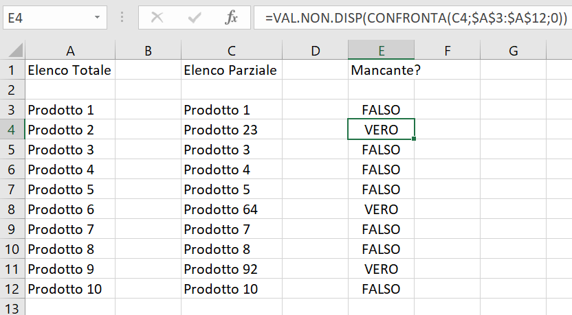 Confrontare due elenchi in Excel