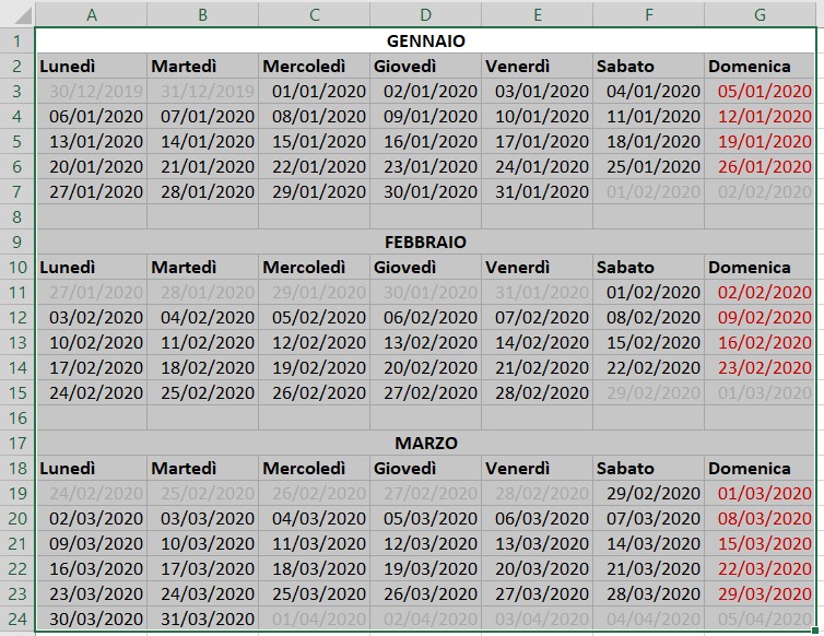 creare un calendario per lanno 2020 utilizzando microsoft calendario 2020 excel