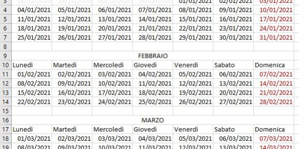 Creare un calendario per l’anno 2021 utilizzando Microsoft Excel