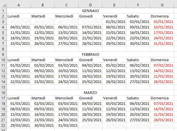 Creare un calendario per l’anno 2021 utilizzando Microsoft Excel