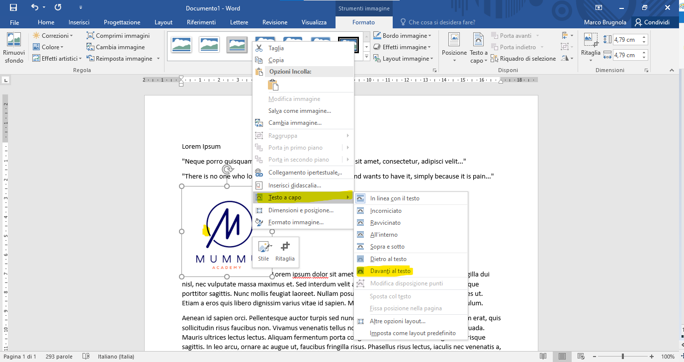 Come inserire immagine in Word senza spostare testo
