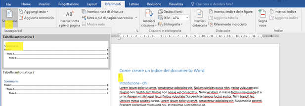 come fare un indice di un documento in word
